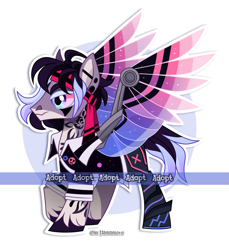 Size: 2211x2412 | Tagged: safe, artist:gkolae, oc, oc only, pegasus, pony, abstract background, adoptable, artificial wings, augmented, high res, male, mechanical wing, pegasus oc, raised hoof, solo, stallion, unshorn fetlocks, watermark, wings