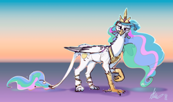 Size: 6005x3537 | Tagged: safe, artist:alumx, princess celestia, griffon, g4, absurd resolution, female, foot wraps, griffonized, lidded eyes, looking at you, solo, species swap