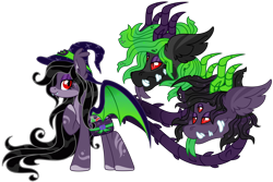 Size: 1280x855 | Tagged: safe, artist:lupulrafinat, oc, oc only, cow plant pony, monster pony, original species, plant pony, pony, augmented tail, bat wings, closed species, female, forked tongue, hat, hoof on chest, horns, plant, simple background, transparent background, wings, witch hat