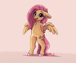 Size: 2736x2286 | Tagged: safe, artist:miokomata, fluttershy, pegasus, semi-anthro, g4, belly, chest fluff, cute, daaaaaaaaaaaw, female, freckles, freckleshy, high res, hooves behind back, looking at you, mare, open mouth, open smile, shyabetes, smiling, smiling at you, solo, spread wings, unshorn fetlocks, wings