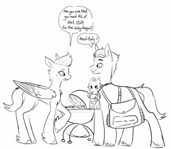 Size: 2896x2522 | Tagged: safe, artist:superduperath, hitch trailblazer, sparky sparkeroni, zipp storm, dragon, pegasus, pony, g5, baby, baby carrier, baby dragon, bag, black and white, dialogue, diaper bag, duo, female, grayscale, high res, male, monochrome, papa hitch, pram, saddle bag, ship:stormblazer, shipping, simple background, sketch, straight, sweat, white background