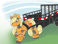 Size: 3600x2700 | Tagged: safe, artist:heart-of-a-dragoness, applejack, earth pony, gynoid, pony, robot, robot pony, g4, applebot, cart, commission, female, hat, high res, roboticization, simple background, solo
