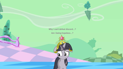 Size: 1920x1080 | Tagged: safe, artist:wardex101, twilight sparkle, pony, unicorn, bad end, big crown thingy, chaos, crying, dialogue, discorded, discorded landscape, discorded twilight, element of magic, female, floating island, floppy ears, green sky, horn, jewelry, mare, outdoors, regalia, scenery, sitting, solo, text, twilight tragedy, unicorn twilight
