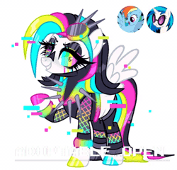 Size: 478x458 | Tagged: safe, artist:sush-adopts, dj pon-3, rainbow dash, vinyl scratch, oc, pegasus, pony, g4, adoptable, adoptable open, animated, black mane, blue mane, choker, clothes, collar, corrupted, error, eyelashes, fishnet stockings, fusion, gif, glitch, glowing, goggles, multicolored eyes, multicolored hair, multicolored mane, neon, pink mane, rainbow hair, shirt, solo, spiked choker, static, stockings, technology, thigh highs, wings, yellow mane