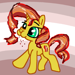 Size: 781x781 | Tagged: safe, artist:ja0822ck, sunset shimmer, food pony, pony, unicorn, g4, alternate cutie mark, autocannibalism, aweeg*, bacon hair, cannibalism, eating, female, food, mare, meat, omnivore sunset, ponies eating meat, ponified, puffy cheeks, solo, wat