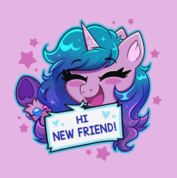 Size: 3115x3135 | Tagged: safe, artist:confetticakez, izzy moonbow, pony, unicorn, g5, blushing, bracelet, cute, eyebrows, eyebrows visible through hair, eyes closed, female, friendship bracelet, heart, hi new friend, high res, izzybetes, jewelry, mare, open mouth, open smile, pink background, simple background, smiling, solo, stars, unshorn fetlocks, waving