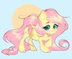 Size: 1558x1280 | Tagged: safe, artist:sadelinav, fluttershy, pegasus, pony, g4, colored hooves, colored wings, crouching, cute, female, folded wings, looking at you, mare, outline, raised hoof, shyabetes, smiling, solo, standing, three quarter view, two toned wings, white outline, wings