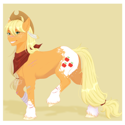 Size: 3000x3000 | Tagged: safe, artist:redfoxii, applejack, earth pony, pony, g4, alternate design, bandaid, body markings, chest fluff, coat markings, ear fluff, feather in hair, female, freckles, full body, high res, looking at you, mare, passepartout, red bandana, scar, smiling, smiling at you, socks (coat markings), solo, unshorn fetlocks, walking