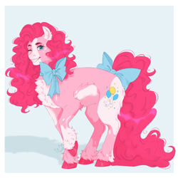 Size: 3000x3000 | Tagged: safe, artist:redfoxii, pinkie pie, earth pony, pony, g4, alternate design, bald face, blaze (coat marking), body markings, bow, chest fluff, coat markings, colored ear fluff, ear fluff, facial markings, high res, long tail, looking at you, neck bow, one eye closed, passepartout, raised hoof, smiling, smiling at you, solo, tail, tail bow, unshorn fetlocks, wink, winking at you