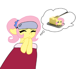 Size: 502x456 | Tagged: safe, artist:mindlessbrony, fluttershy, pegasus, pony, g4, butter, confused, dream, flutterbutter, food, knife, nightmare, ponytail, sleep mask, sleeping, solo, weird