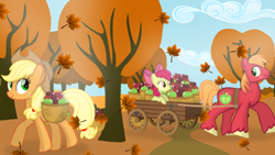 Size: 1280x720 | Tagged: safe, artist:mlplary6, apple bloom, applejack, big macintosh, earth pony, pony, g4, apple, apple basket, apple siblings, apple sisters, apple tree, autumn, brother and sister, cart, family, female, filly, foal, food, leaves, male, mare, siblings, sisters, smiling, stallion, tree