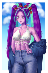 Size: 2000x3000 | Tagged: safe, artist:zzugguri, aria blaze, human, equestria girls, g4, abs, clothes, female, front knot midriff, high res, jeans, midriff, pants, pigtails, ribbon, sky, solo, twintails