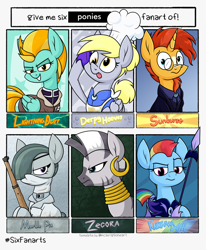 Size: 2122x2579 | Tagged: safe, artist:moonatik, derpy hooves, lightning dust, marble pie, rainbow dash, sunburst, zecora, earth pony, pegasus, pony, unicorn, zebra, new lunar millennium, g4, alternate hairstyle, alternate timeline, apron, armor, bomber jacket, chef, chef's hat, clothes, ear piercing, earring, eyepatch, female, glasses, gloves, hat, high res, jacket, jewelry, lee enfield, male, mare, military uniform, neck rings, night guard, night guard dash, nightmare takeover timeline, piercing, salute, six fanarts, spear, stallion, suit, uniform, weapon