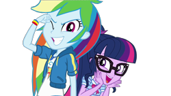 Size: 1920x1080 | Tagged: safe, artist:rarityvrymercollectiveoriginals, edit, edited screencap, screencap, rainbow dash, sci-twi, twilight sparkle, human, equestria girls, equestria girls specials, g4, my little pony equestria girls: better together, my little pony equestria girls: rollercoaster of friendship, background removed, geode of super speed, geode of telekinesis, glasses, magical geodes, not a vector, one eye closed, simple background, smiling, transparent background, wink