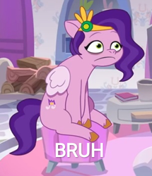 Size: 303x353 | Tagged: safe, edit, edited screencap, screencap, pipp petals, pegasus, pony, g5, my little pony: tell your tale, nightmare roommate, spoiler:g5, spoiler:my little pony: tell your tale, spoiler:tyts01e04, bruh, cropped, female, mare, pipp petals is best facemaker, solo, text edit