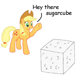 Size: 400x399 | Tagged: safe, artist:ashby10, applejack, earth pony, pony, g4, artifact, greeting, literal, pun, raised hoof, simple background, solo, sugarcube, white background