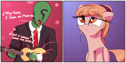 Size: 5000x2500 | Tagged: safe, artist:vultraz, oc, oc only, oc:amber rose (thingpone), oc:anon, oc:thingpone, human, pony, 2 panel comic, :o, clothes, comic, confused, musical instrument, necktie, open mouth, singing, sitting, suit, the troggs, ukulele, wild thing