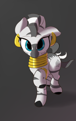 Size: 2216x3508 | Tagged: safe, artist:vultraz, zecora, zebra, g4, ear piercing, earring, female, gray background, high res, hoof ring, jewelry, looking at you, mare, neck rings, piercing, raised hoof, simple background, solo, walking