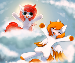 Size: 2571x2187 | Tagged: safe, artist:astralblues, oc, oc only, oc:making amends, oc:rising dawn, pegasus, pony, :3, blushing, cloud, colored wings, colored wingtips, duo, female, happy, high res, hooves in air, mare, smiling, spread wings, two toned wings, underhoof, wings