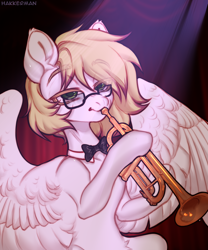 Size: 2500x3000 | Tagged: safe, artist:hakkerman, oc, oc only, oc:ludwig von leeb, pegasus, pony, blonde hair, glasses, green eyes, high res, male, musical instrument, solo, spread wings, stallion, trumpet, wings