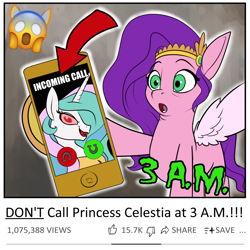 Size: 1600x1600 | Tagged: safe, artist:rocket-lawnchair, pipp petals, princess celestia, pegasus, pony, g5, 3 a.m. challenge, cellphone, clickbait, female, phone, youtube, youtube thumbnails be like