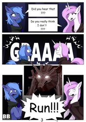 Size: 2480x3508 | Tagged: safe, artist:buvanybu, princess celestia, princess luna, alicorn, pony, timber wolf, series:elements of contention, g4, comic, forest, high res, startled