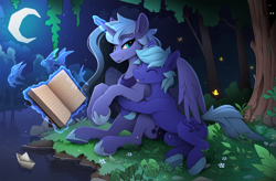 Size: 2400x1575 | Tagged: safe, artist:yakovlev-vad, princess luna, oc, oc:dayandey, alicorn, butterfly, earth pony, pony, g4, book, crescent moon, duo, earth pony oc, eyes closed, female, forest, glowing, glowing horn, grass, grin, happy, horn, hug, levitation, magic, magic aura, male, mare, moon, nature, night, outdoors, paper boat, river, slender, smiling, stallion, telekinesis, thin, tree, water, winghug, wings