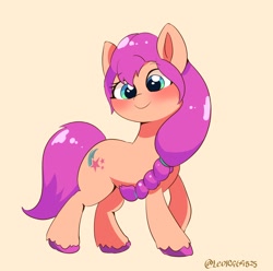 Size: 1200x1190 | Tagged: safe, artist:leo19969525, sunny starscout, earth pony, pony, g5, blushing, bow, braid, cute, cyan eyes, female, full body, hair, hair bow, hooves, looking at you, mare, signature, simple background, smiling, smiling at you, solo, sunnybetes, tail, unshorn fetlocks, yellow background