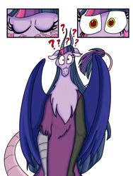 Size: 774x1032 | Tagged: safe, artist:princebluemoon3, artist:ultimatum323, twilight sparkle, alicorn, draconequus, pony, comic:the twiligh muffin, g4, confused, draconequified, eyelashes, eyes closed, question mark, simple background, species swap, surprised, transformed, twikonequus, twilight sparkle (alicorn), white background