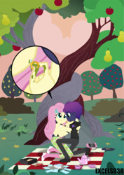 Size: 579x816 | Tagged: safe, artist:excelso36, fluttershy, oc, human, equestria girls, g4, apple, apple tree, canon x oc, engagement, engagement ring, intertwined trees, pear tree, picnic, picnic blanket, shipping, teapot, tree, wings