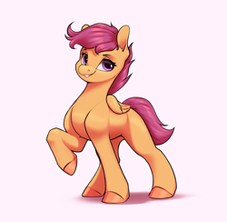 Size: 2859x2786 | Tagged: safe, artist:aquaticvibes, scootaloo, pegasus, pony, g4, female, filly, foal, folded wings, full body, grin, high res, hooves, raised hoof, shadow, simple background, smiling, solo, standing, white background, wings