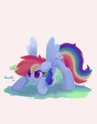 Size: 704x896 | Tagged: safe, artist:flixanoa, rainbow dash, pegasus, pony, g4, crouching, determined, female, grass, imminent pounce, mare, simple background, solo, spread wings, wings