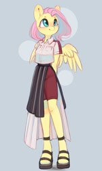Size: 639x1063 | Tagged: safe, artist:melodylibris, fluttershy, pegasus, anthro, unguligrade anthro, arm behind back, blushing, clothes, cute, female, looking up, mare, sandals, shirt, short sleeves, shorts, shyabetes, smiling, solo, spread wings, wings