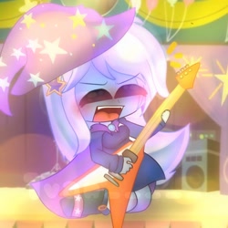 Size: 1280x1280 | Tagged: safe, artist:1ivanz, trixie, human, equestria girls, g4, boots, cape, chibi, clothes, cute, diatrixes, electric guitar, female, flying v, guitar, hairpin, hat, musical instrument, open mouth, shoes, solo, trixie's cape, trixie's hat