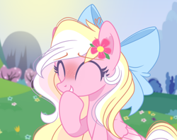 Size: 3788x3000 | Tagged: safe, artist:emberslament, oc, oc only, oc:bay breeze, pegasus, pony, ^^, blushing, bow, cute, eyes closed, female, flower, flower in hair, hair bow, high res, mare, ocbetes, pegasus oc, smiling, solo