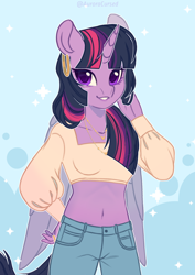 Size: 2480x3508 | Tagged: safe, artist:auroracursed, twilight sparkle, alicorn, anthro, g4, belly button, clothes, cute, dress, female, high res, midriff, simple background, smiling, solo, twilight sparkle (alicorn)