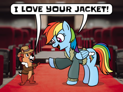 Size: 1120x840 | Tagged: safe, artist:m.w., rainbow dash, chipmunk, pegasus, pony, g4, bomber jacket, chip, chip and dale rescue rangers, clothes, crossover, dialogue, duo, female, hat, jacket, male, mare, speech bubble
