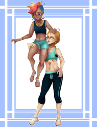 Size: 3800x5000 | Tagged: safe, artist:altarichiru, lightning dust, rainbow dash, human, g4, :p, alternate hairstyle, bandage, barefoot, belly button, blushing, clothes, dark skin, duo, ear piercing, earring, eyebrow piercing, feet, female, flexing, flustered, freckles, gritted teeth, humanized, jewelry, lesbian, lifting, lip piercing, midriff, nail polish, necklace, pants, piercing, ring, scepter, ship:rainbowdust, shipping, shorts, snake bites, sports bra, sports shorts, sweat, sweatdrop, sweatpants, tape, tattoo, teeth, toenail polish, tongue out, tongue piercing, twilight scepter