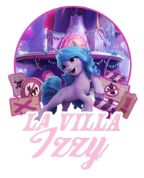 Size: 650x800 | Tagged: safe, izzy moonbow, pony, unicorn, g5, my little pony: a new generation, official, bridlewood, cropped, design, female, la villa izzy, mare, merchandise, shirt design, simple background, solo, stock render, text, transparent background