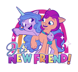 Size: 700x650 | Tagged: safe, izzy moonbow, sunny starscout, earth pony, pony, unicorn, g5, official, cropped, design, duo, female, hi new friend, mare, merchandise, rainbow, shirt design, simple background, text, transparent background