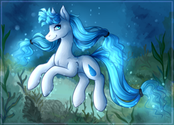 Size: 1280x920 | Tagged: safe, artist:pabelka, oc, oc only, earth pony, pony, blue eyes, blue mane, blue tail, bubble, digital art, female, flowing mane, glowing, looking at you, mare, ocean, seaweed, smiling, smiling at you, solo, swimming, tail, underwater, water