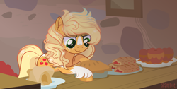Size: 8000x4032 | Tagged: safe, artist:scarffist, applejack, earth pony, pony, g4, alternate hairstyle, apple, apple fritter (food), apple pie, commission, female, food, freckles, herbivore, mare, markings, pie, plate, redesign, scar, solo, table, tray, unshorn fetlocks, ych result
