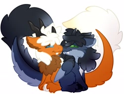 Size: 2236x1690 | Tagged: safe, artist:michini, oc, oc only, dragon, hybrid, longma, chest fluff, chibi, couple, cute, duo, fangs, gay, male, nuzzling, oc x oc, shipping, simple background, white background
