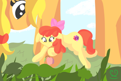 Size: 3000x2000 | Tagged: safe, artist:papacruda09, apple bloom, applejack, earth pony, pony, g4, apple, food, grass, green background, happy, high res, looking down, plant, playing, simple background, simple shading, sky, smol