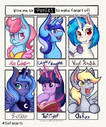 Size: 640x764 | Tagged: safe, artist:mscolorsplash, cup cake, derpy hooves, dj pon-3, minuette, princess luna, twilight sparkle, vinyl scratch, alicorn, earth pony, pony, unicorn, g4, apron, blushing, book, clothes, eye clipping through hair, eyebrows, eyebrows visible through hair, female, frown, glasses, glasses off, glowing, glowing horn, grin, hoof over mouth, horn, levitation, looking at you, magic, magic aura, mare, open mouth, open smile, s1 luna, six fanarts, smiling, smiling at you, telekinesis