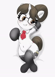 Size: 1887x2636 | Tagged: safe, artist:pabbley, raven, pony, unicorn, g4, armpits, belly button, blushing, clothes, cute, female, grin, looking away, lying down, mare, on back, smiling, socks, solo, sweat, sweatdrop, wide hips