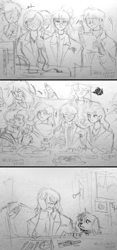 Size: 1200x2558 | Tagged: safe, artist:lzjian79, applejack, fluttershy, pinkie pie, rainbow dash, rarity, sci-twi, spike, twilight sparkle, bird, chicken, dog, human, comic:missing her, equestria girls, g4, bottle, clothes, comic, ear piercing, earring, eating, food, freckles, glasses, goggles, jewelry, lab coat, necklace, open mouth, piercing, safety goggles, traditional art, wine bottle