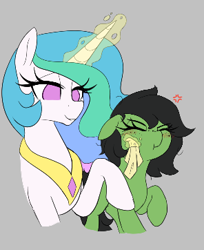 Size: 296x362 | Tagged: safe, artist:thebatfang, princess celestia, oc, oc:filly anon, alicorn, earth pony, pony, aggie.io, blushing, cross-popping veins, cute, earth pony oc, eyes closed, female, filly, floppy ears, foal, glowing, glowing horn, gray background, handkerchief, horn, magic, magic aura, mare, momlestia, no catchlights, raised hoof, simple background, smiling, telekinesis, tissue, wiping