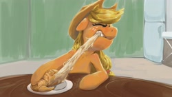 Size: 3840x2160 | Tagged: safe, artist:applephil, applejack, earth pony, pony, g4, 4k, bread, croissant, eating, eyes closed, female, floppy ears, food, freckles, gritted teeth, high res, mare, plate, refrigerator, shoulder freckles, solo, stretchy, table, teeth