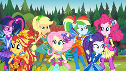 Size: 791x445 | Tagged: safe, artist:imperfectxiii, artist:mixiepie, artist:sugar-loop, editor:gouhlsrule, applejack, fluttershy, pinkie pie, rainbow dash, rarity, sci-twi, sunset shimmer, twilight sparkle, equestria girls, g4, my little pony equestria girls: legend of everfree, crossed arms, crystal guardian, eyebrows, eyebrows visible through hair, female, hand on hip, humane five, humane seven, humane six, ponied up, smiling, smirk